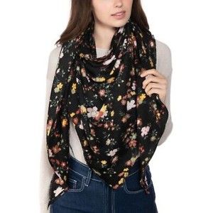 Inc NWT International Concepts Floral Print Triangle Scarf Fringe Black OS New
